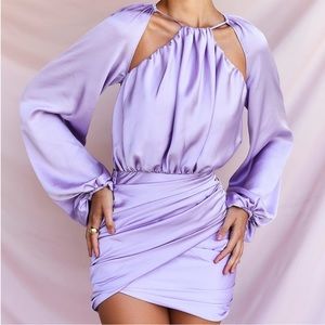HOUSE OF CB 'Kate' Orchid Satin Front Wrap Mini Dress NWOT